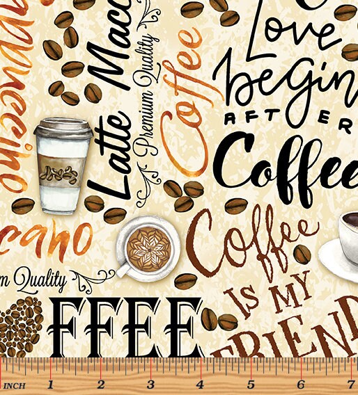 Coffee fabric - Fresh Brewed Words Cream by Benartex - 100% Cotton - Cafe theme Americano Latte Mocha Hot Coffee Quilting Cotton