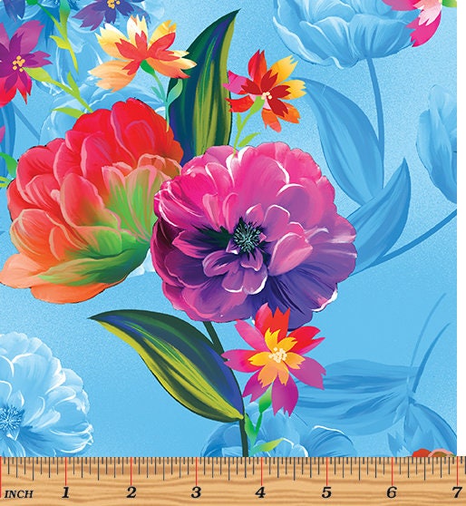 Colorful Floral Fabric - Luminous Garden Light Blue - Benartex Kanvas Studio Luminous Blooms - 100% Cotton