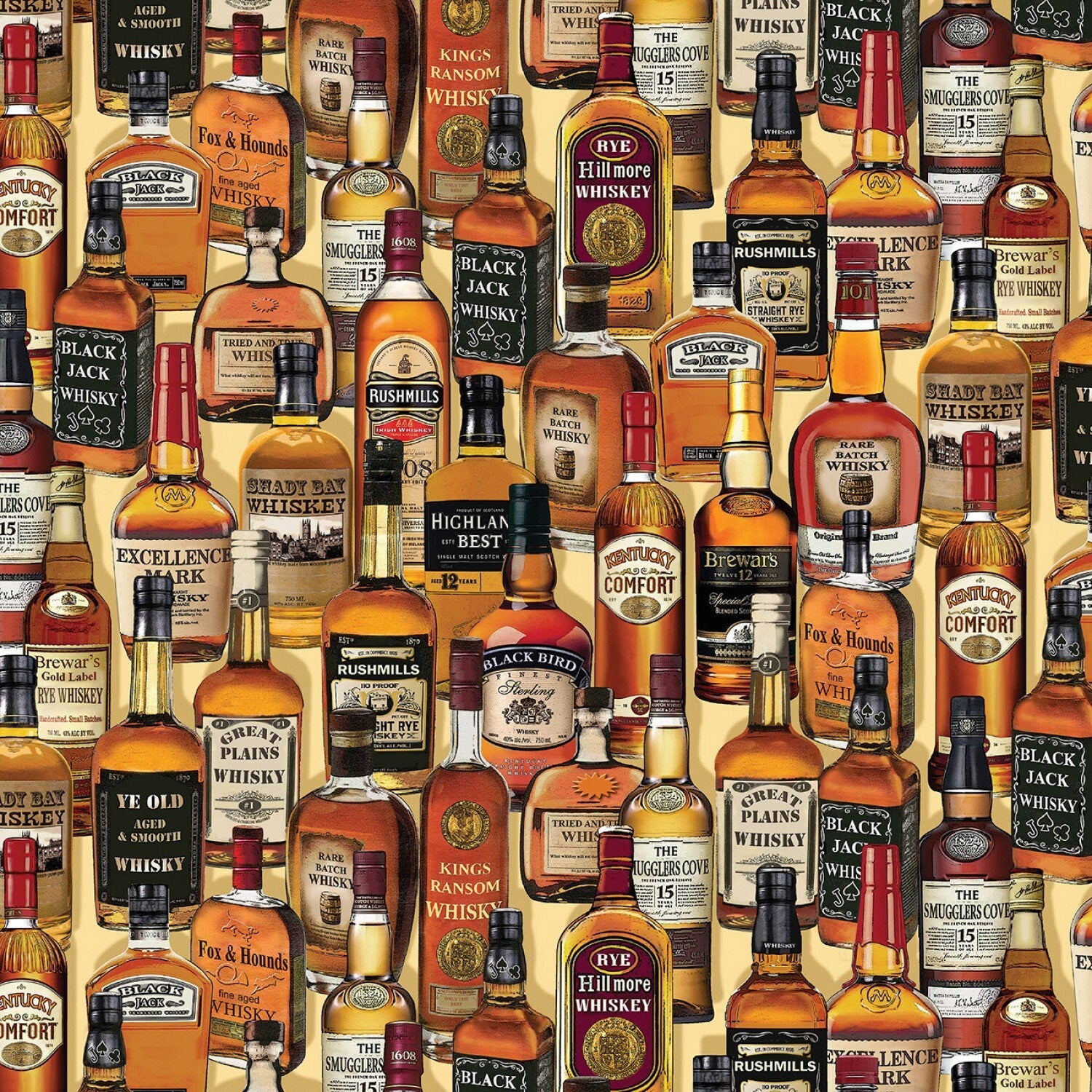 Whiskey & Rye Fabric - Benartex Top Shelf collection - 100% Cotton - Whiskey Bottles quilting cotton man cave Bartender gift