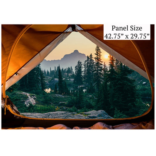 Camping Fabric Panel 42 5/8" x 29 1/4" - 100% Cotton - Hoffman - Sleeping Under the Stars - Forest Landscape - Sunrise Tent Trees Mountains