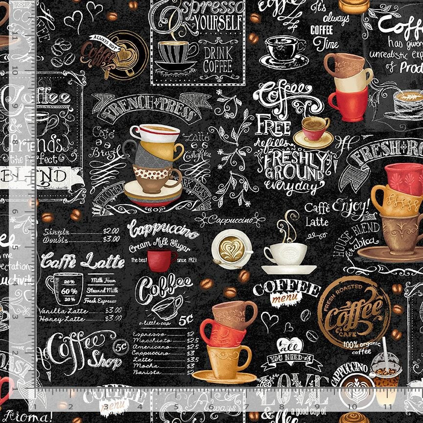 Coffee Chalkboard Fabric - Timeless Treasures - 100% Cotton - Just Brew It - Expresso Latte Cappuccino