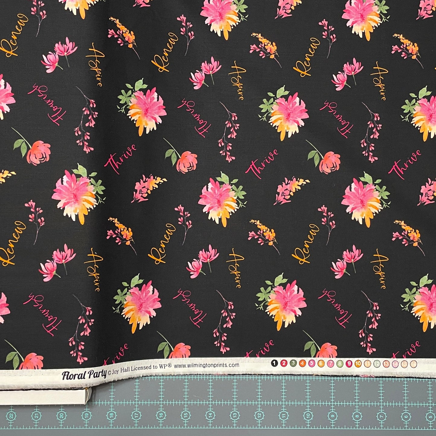 Black Word Toss - Wilmington Prints - 100% Cotton - Floral Party Collection - Renew Flourish Aspire Thrive Flower Fabric