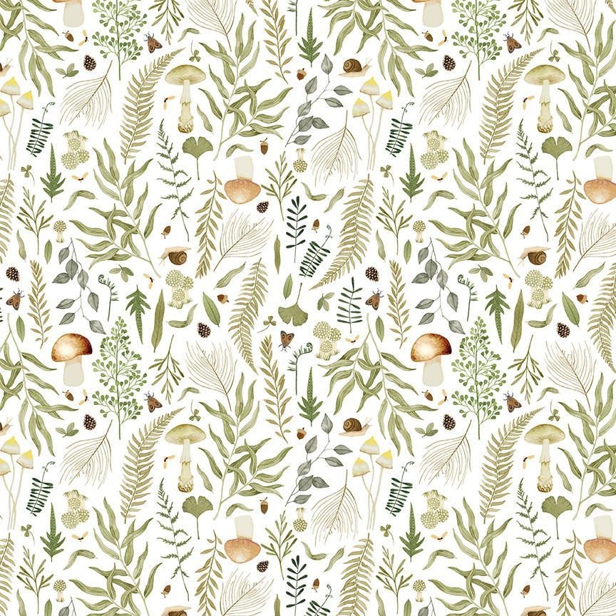 Dear Stella Verdure - Mushroom Foliage - 100% Cotton Fabric - Nature leaves foliage snail moth