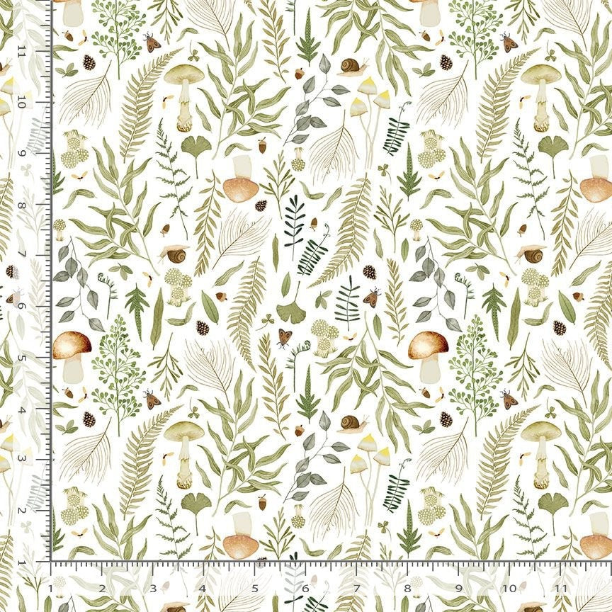 Dear Stella Verdure - Mushroom Foliage - 100% Cotton Fabric - Nature leaves foliage snail moth