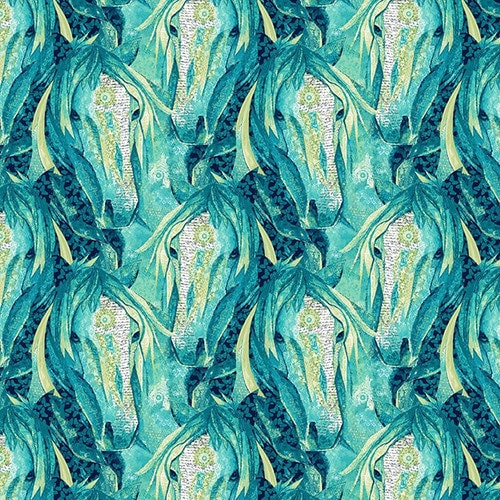 Horse Fabric - Aqua Small Horse Heads Allover - Dream Horses - Studio E - 100% Cotton - Animal Western Quilting Cotton