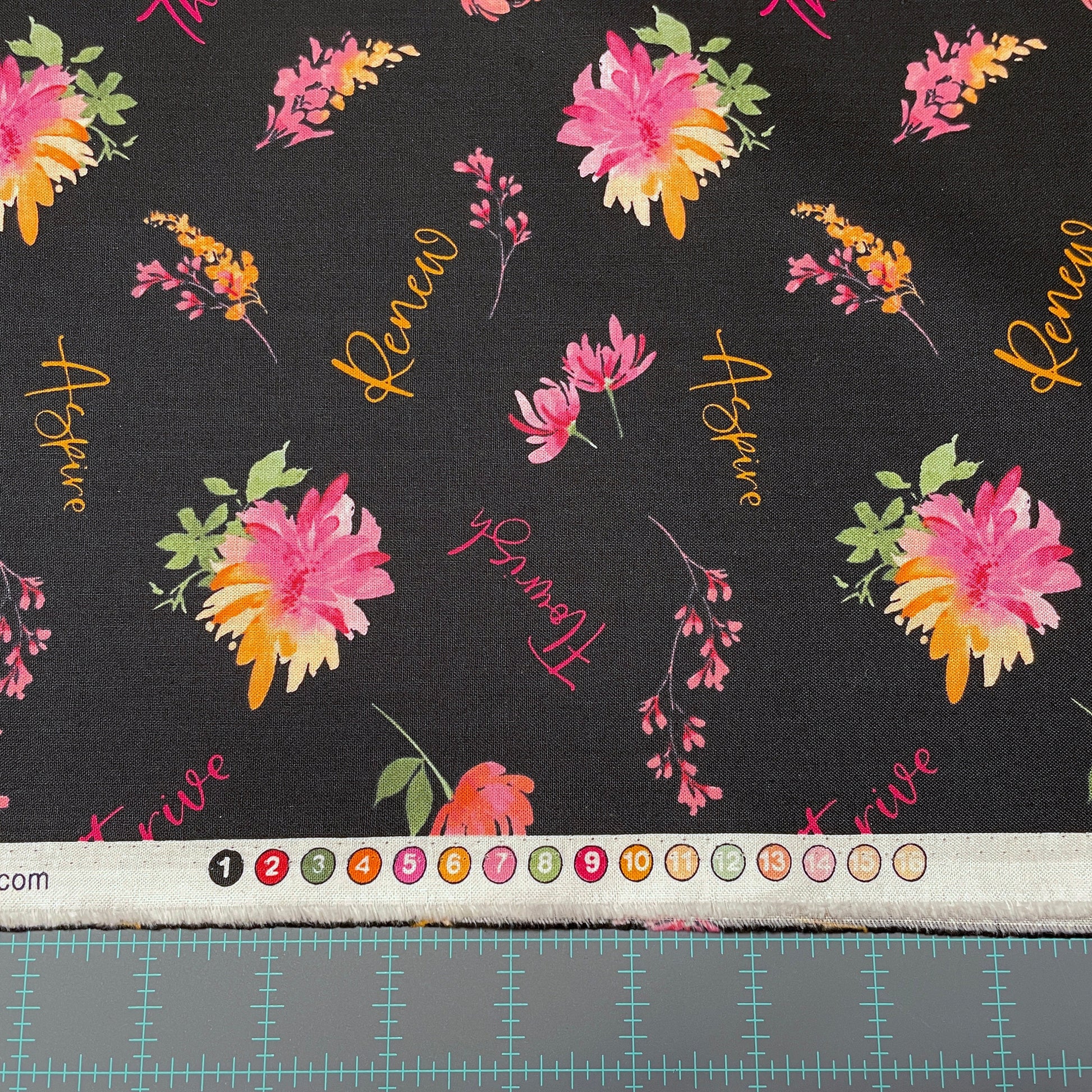 Black Word Toss - Wilmington Prints - 100% Cotton - Floral Party Collection - Renew Flourish Aspire Thrive Flower Fabric