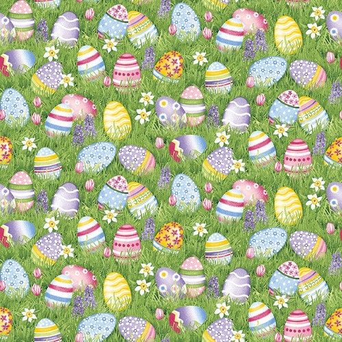 Easter Eggs on Grass - Henry Glass - Hoppy Hunting - 100% Cotton - Easter Fabric