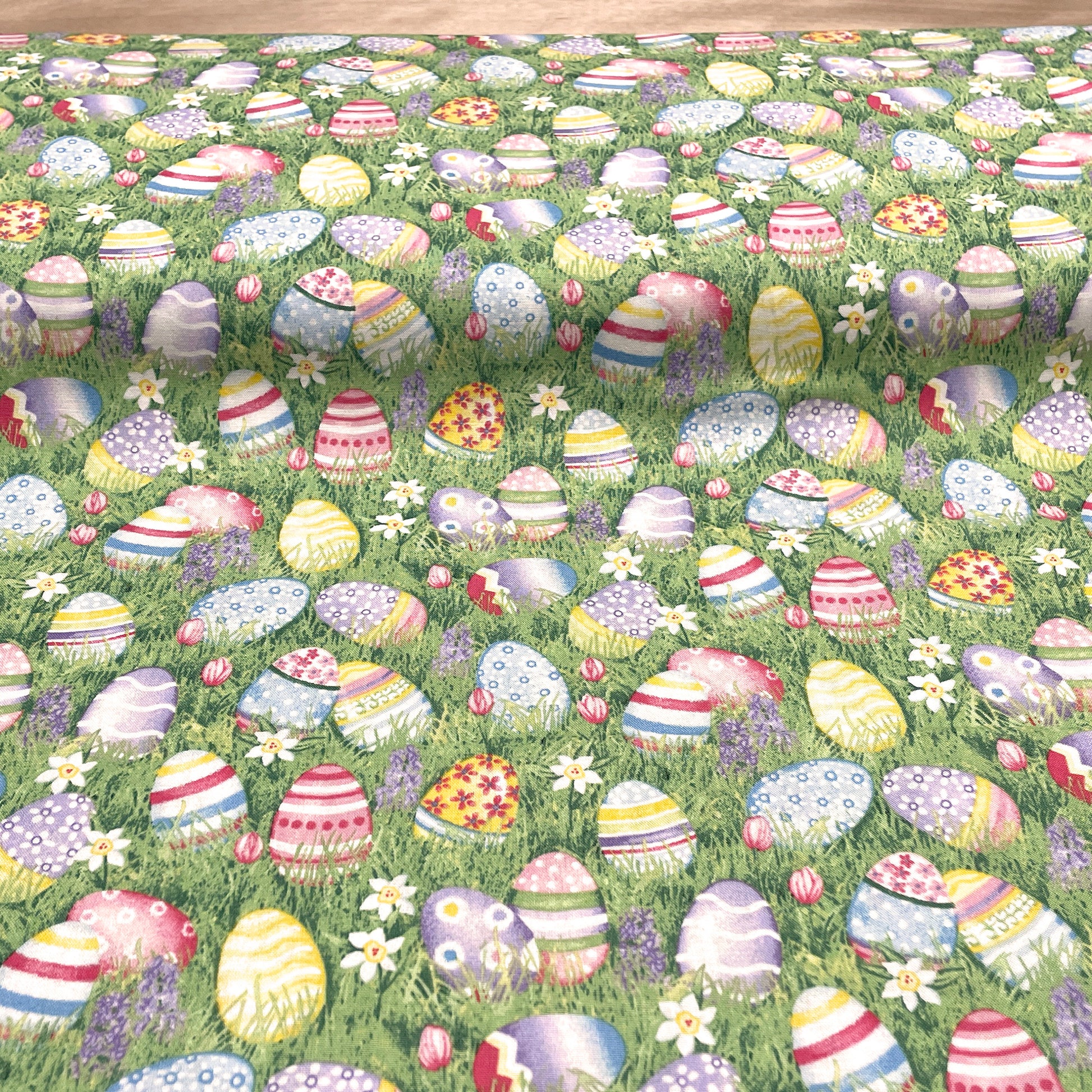 Easter Eggs on Grass - Henry Glass - Hoppy Hunting - 100% Cotton - Easter Fabric