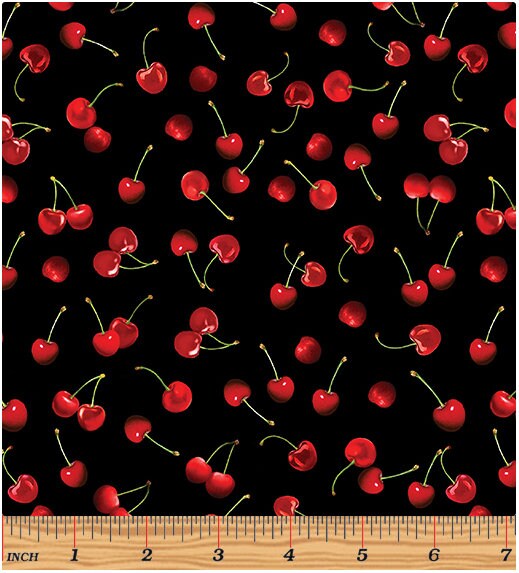 Cherry fabric - Cute Cherries Black - 100% Cotton - Kanvas Studios for Benartex - food theme cherry material