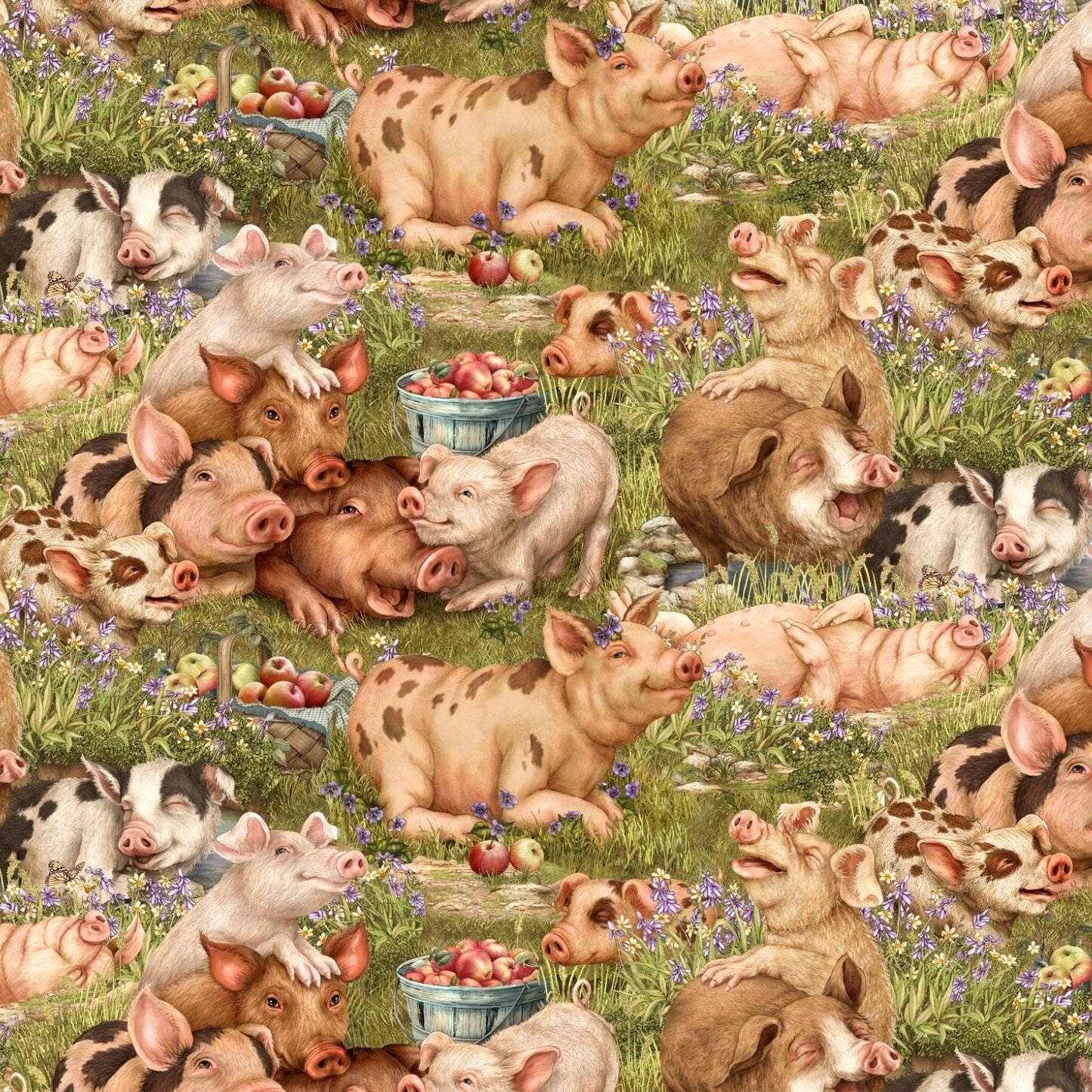 Pig fabric - Elizabeth's Studio - 100% Cotton Fabric - Think Happy 36001-Green - Piglets Farm décor Barn material apples