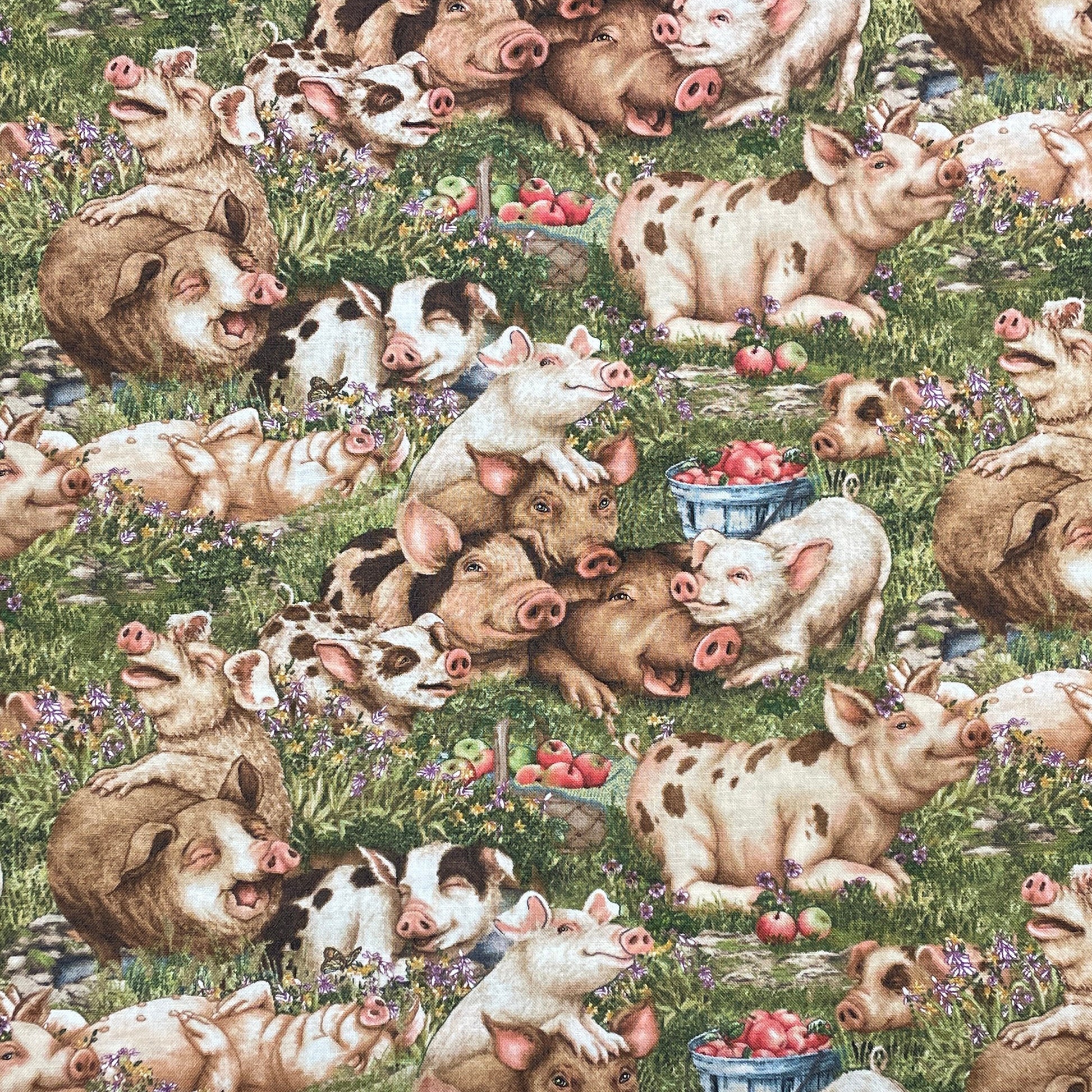 Pig fabric - Elizabeth's Studio - 100% Cotton Fabric - Think Happy 36001-Green - Piglets Farm décor Barn material apples