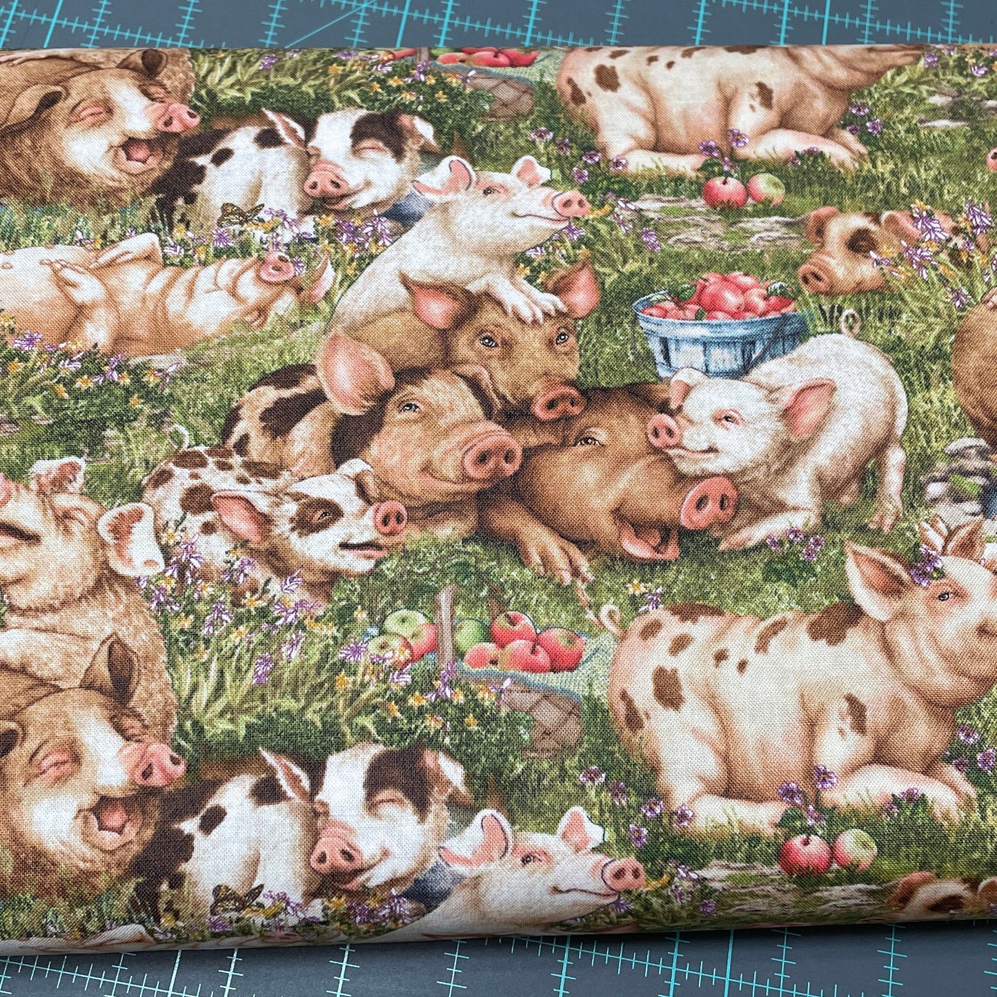 Pig fabric - Elizabeth's Studio - 100% Cotton Fabric - Think Happy 36001-Green - Piglets Farm décor Barn material apples