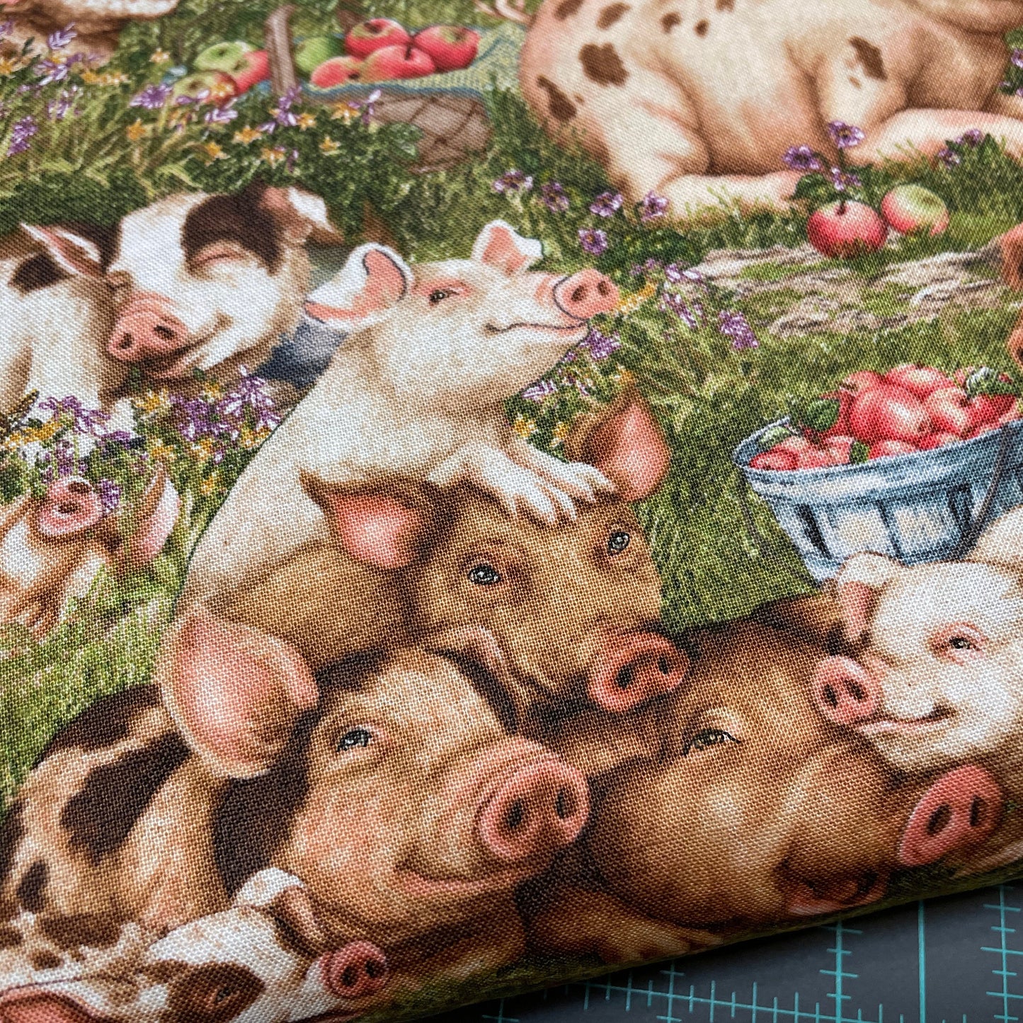 Pig fabric - Elizabeth's Studio - 100% Cotton Fabric - Think Happy 36001-Green - Piglets Farm décor Barn material apples