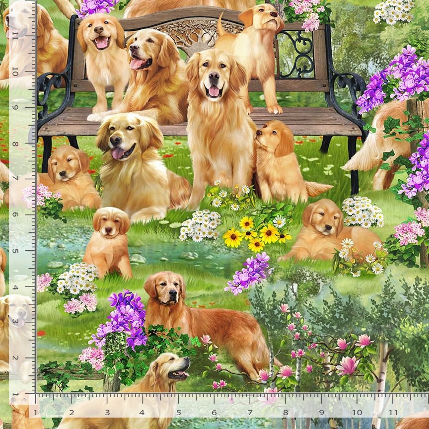 Golden Retriever Park - NEW - Timeless Treasures - 100% Cotton Fabric - dog print material