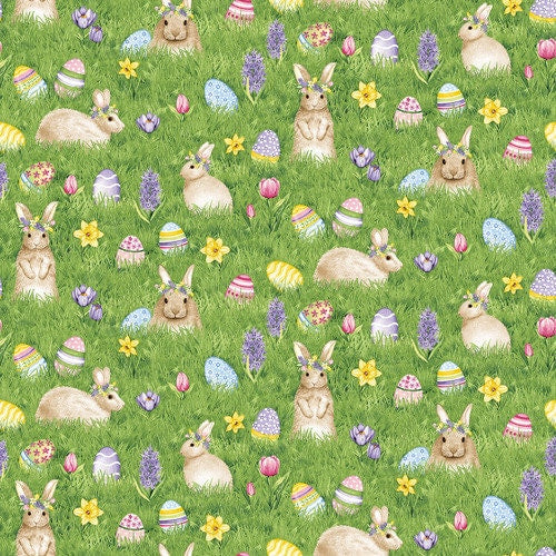 Easter Bunnies and Eggs on Grass - Henry Glass - Hoppy Hunting - 100% Cotton - Easter Bunny Rabbits