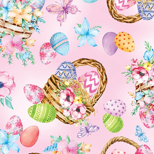 Easter Basket Fabric - Pink - Benartex - 100% Cotton - Eggs Flowers Spring Pastel Butterflies
