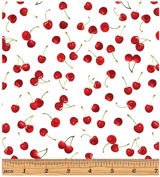 Cherry fabric - Cute Cherries White - 100% Cotton - Kanvas Studios for Benartex - food theme cherry material