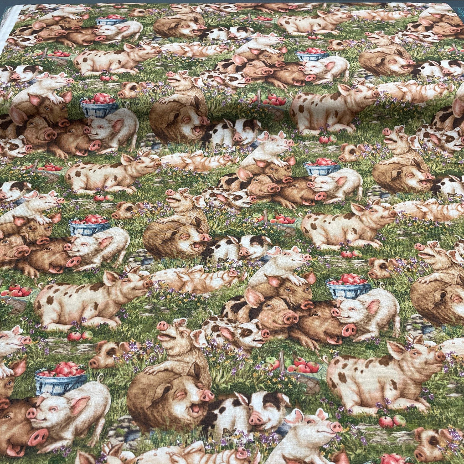 Pig fabric - Elizabeth's Studio - 100% Cotton Fabric - Think Happy 36001-Green - Piglets Farm décor Barn material apples