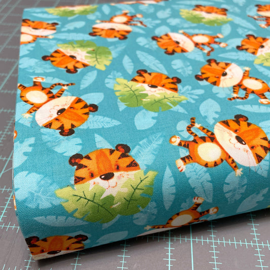 Tossed Tiger Fabric - 100% cotton - Henry Glass - Party Animals by Rob Parkinson - 879-17 Turquoise