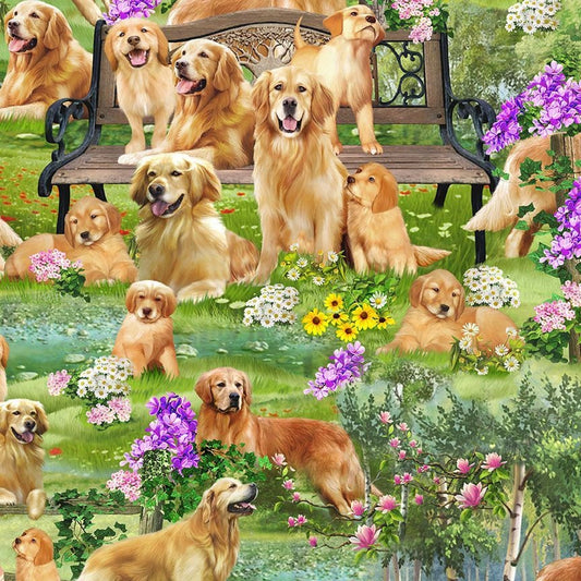 Golden Retriever Park - NEW - Timeless Treasures - 100% Cotton Fabric - dog print material