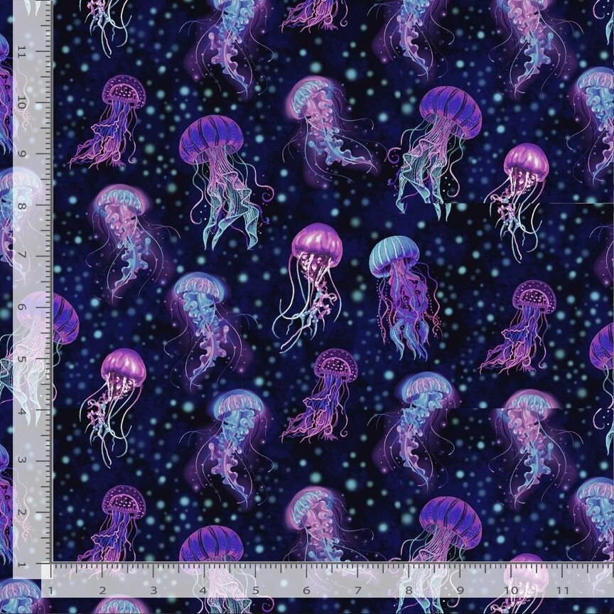 Bioluminescent Jellyfish Fabric - 100% Cotton - Timeless Treasures - Electric Ocean - Sea Life Beach Vacation Scuba Dive Swimming