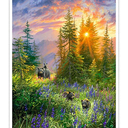 Bear Panel - 43" x 36" wide - 100% Cotton - Shining Sea Panel - 3 Wishes Fabrics - forest animals sunrise