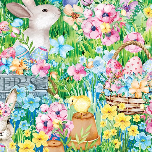 Easter Bunny Fabric - Garden Scenic Multi - Benartex - 100% Cotton - Basket Rabbits Chicks Eggs Garden Flowers