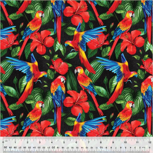 Macaws Fabric - Tropical Paradise - Whistler Studios - 100% cotton - Hibiscus - Scarlet Macaw Parrot Bird