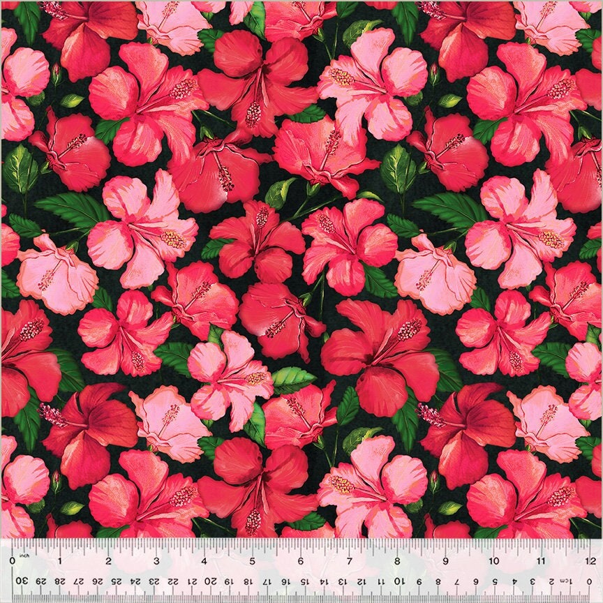Hibiscus Fabric - Tropical Paradise - Whistler Studios - 100% cotton - Tropical floral material Beach vacation Hawaii Pink flowers