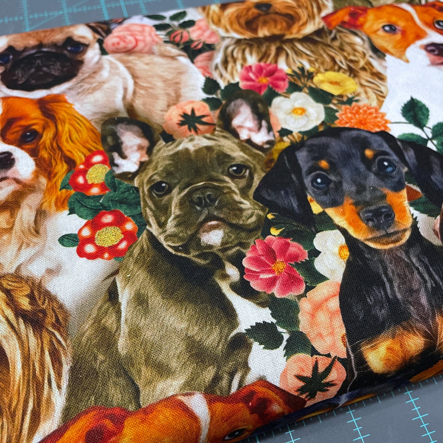 Dog fabric - Dogs & Blooms - 100% Cotton - Yorkie Pug Frenchie Spaniel Jack Russel Terrier puppy material