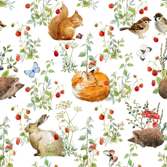 Hedgehog Hollow - Animals - In The Beginning Fabrics - 100% Cotton - fox squirrel bird rabbit butterfly mushroom