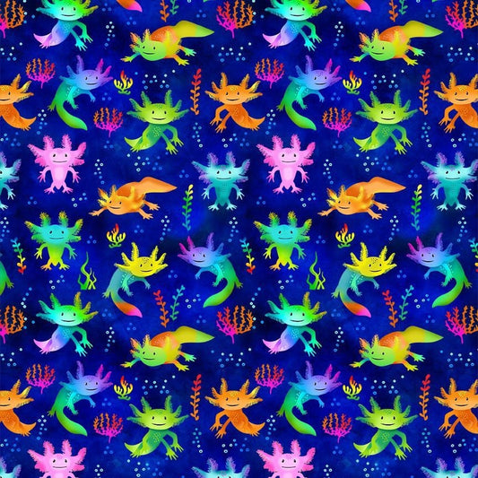 Cute Axolotl Salamanders Fabric - Timeless Treasures - 100% Cotton - Amphibians Colorful Salamander