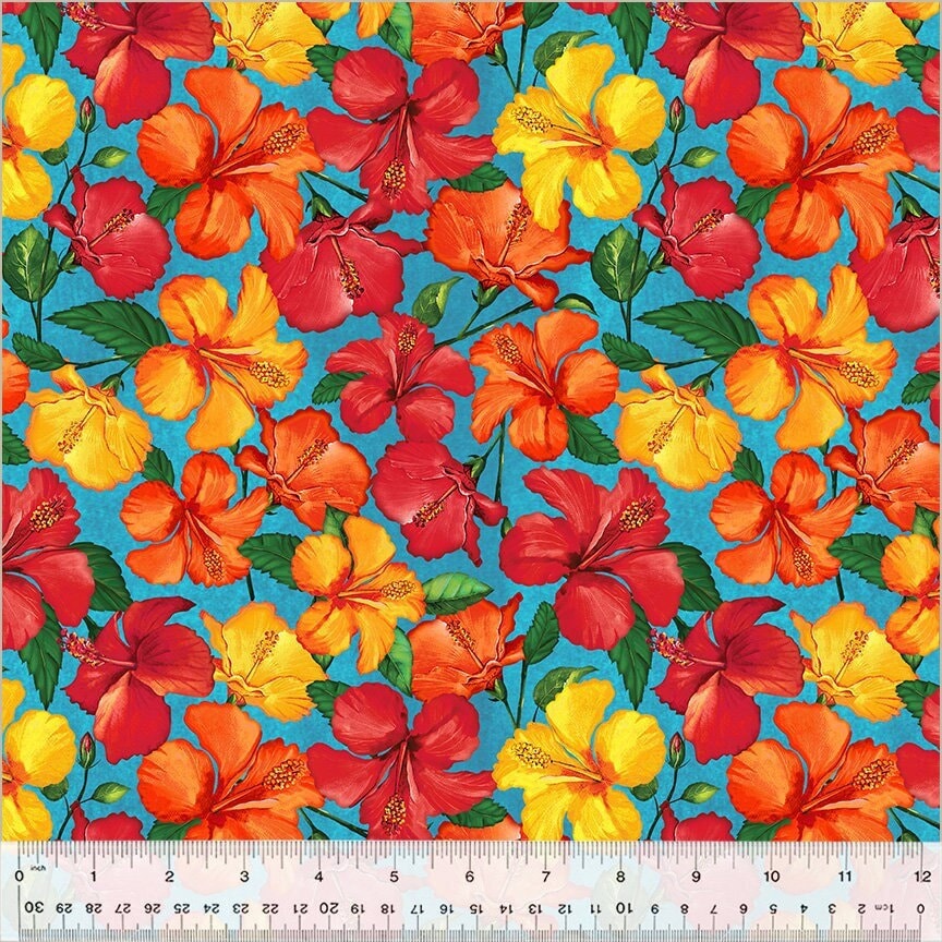 Hibiscus Fabric - Tropical Paradise - Whistler Studios - 100% cotton - Tropical floral material Beach vacation Hawaii bright flowers