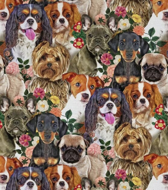 Dog fabric - Dogs & Blooms - 100% Cotton - Yorkie Pug Frenchie Spaniel Jack Russel Terrier puppy material