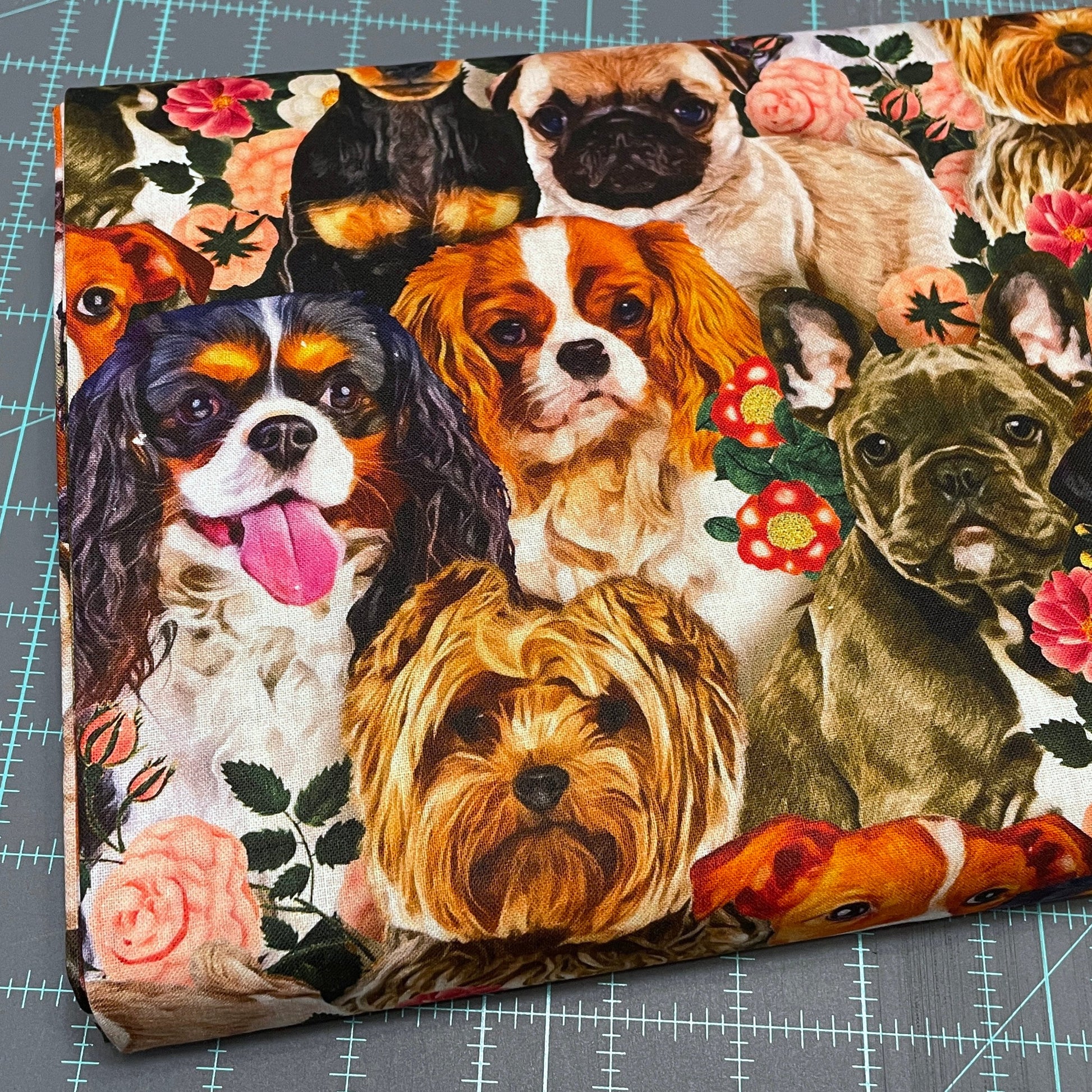 Dog fabric - Dogs & Blooms - 100% Cotton - Yorkie Pug Frenchie Spaniel Jack Russel Terrier puppy material