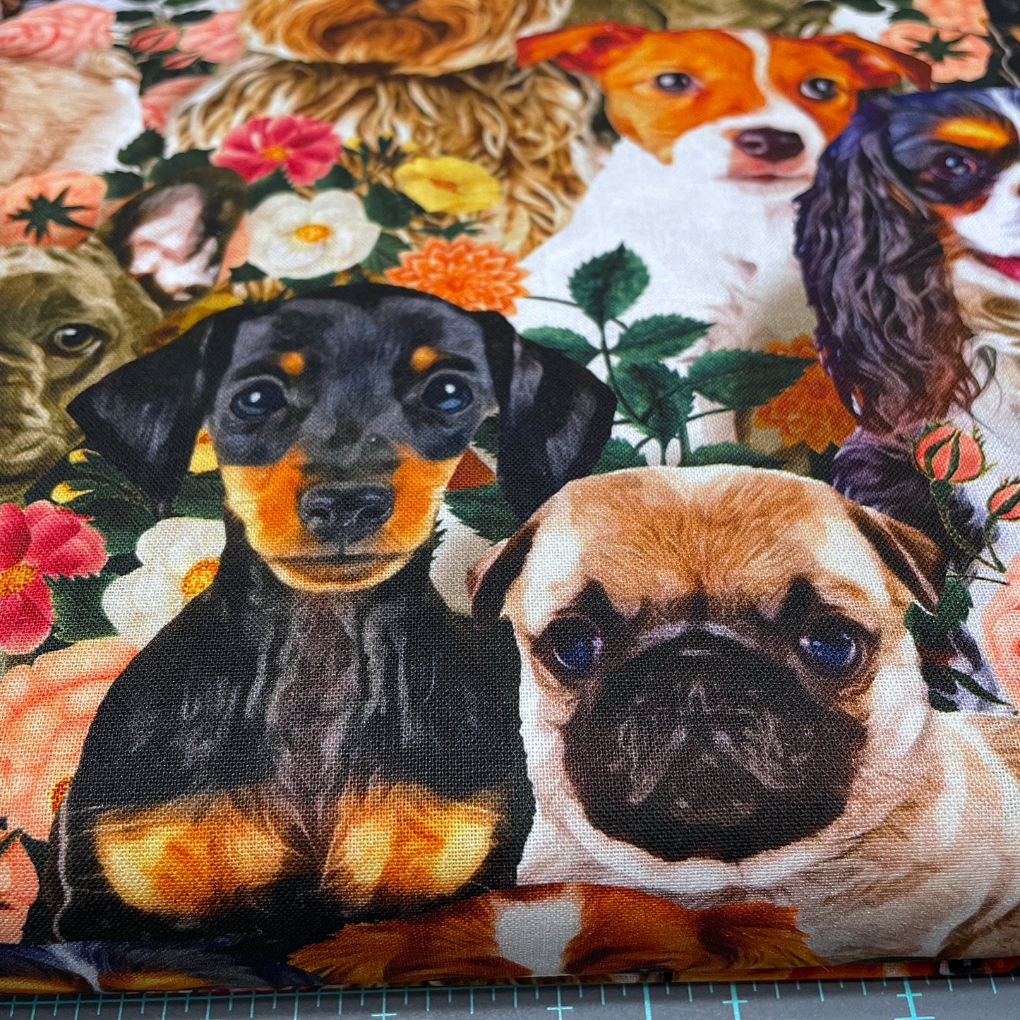 Dog fabric - Dogs & Blooms - 100% Cotton - Yorkie Pug Frenchie Spaniel Jack Russel Terrier puppy material