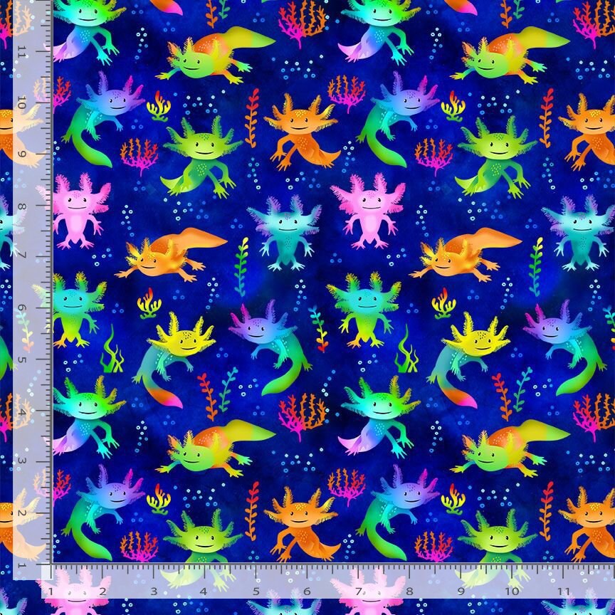 Cute Axolotl Salamanders Fabric - Timeless Treasures - 100% Cotton - Amphibians Colorful Salamander