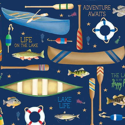 Lake Fabric - Benartex - 100% Cotton - Lake Life Navy - Water Fishing Outdoors Canoe Boating