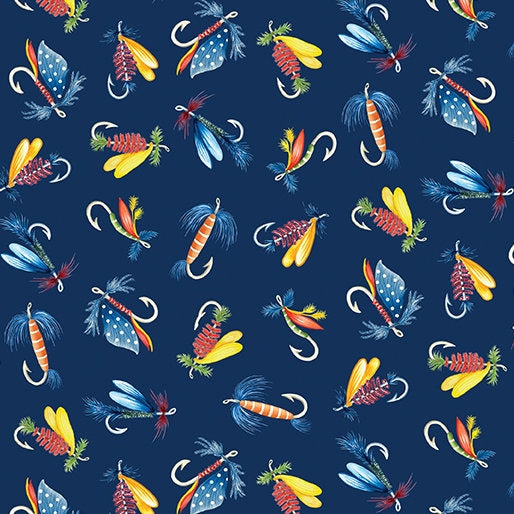 Fishing Lure Fabric - Benartex - 100% Cotton - Lake Life - Water Fishing Outdoors Canoe Boating