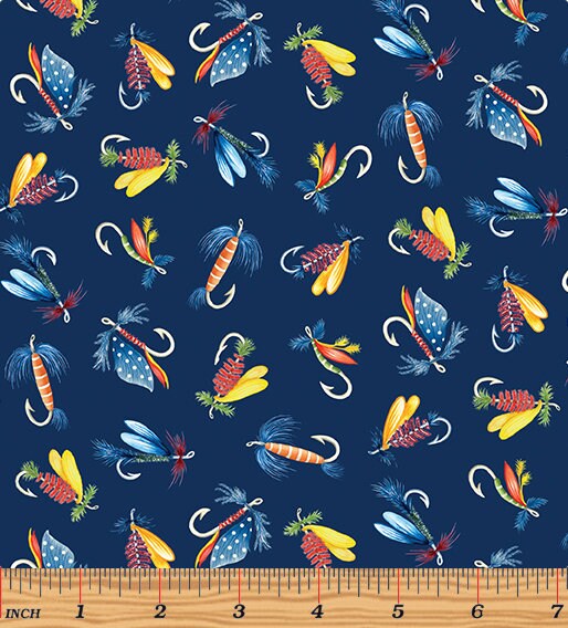 Fishing Lure Fabric - Benartex - 100% Cotton - Lake Life - Water Fishing Outdoors Canoe Boating